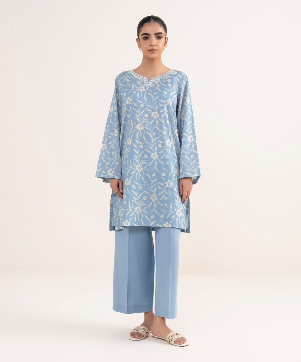 Women's RTW Textured Lawn Blue Embroidered A-Line Shirt