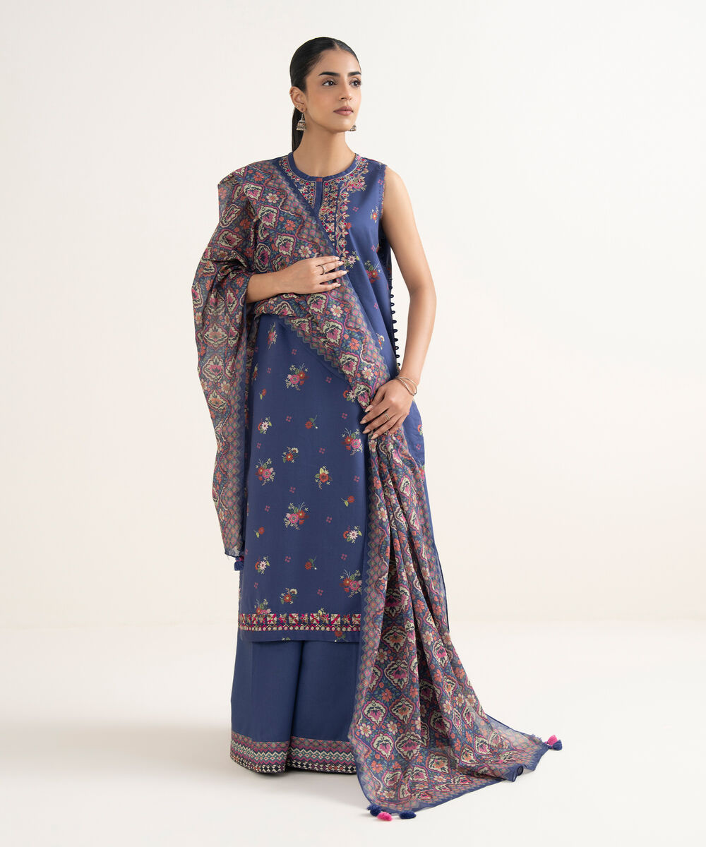 Women's Unstitched Cotton Embroidered Blue    3 Piece Suit