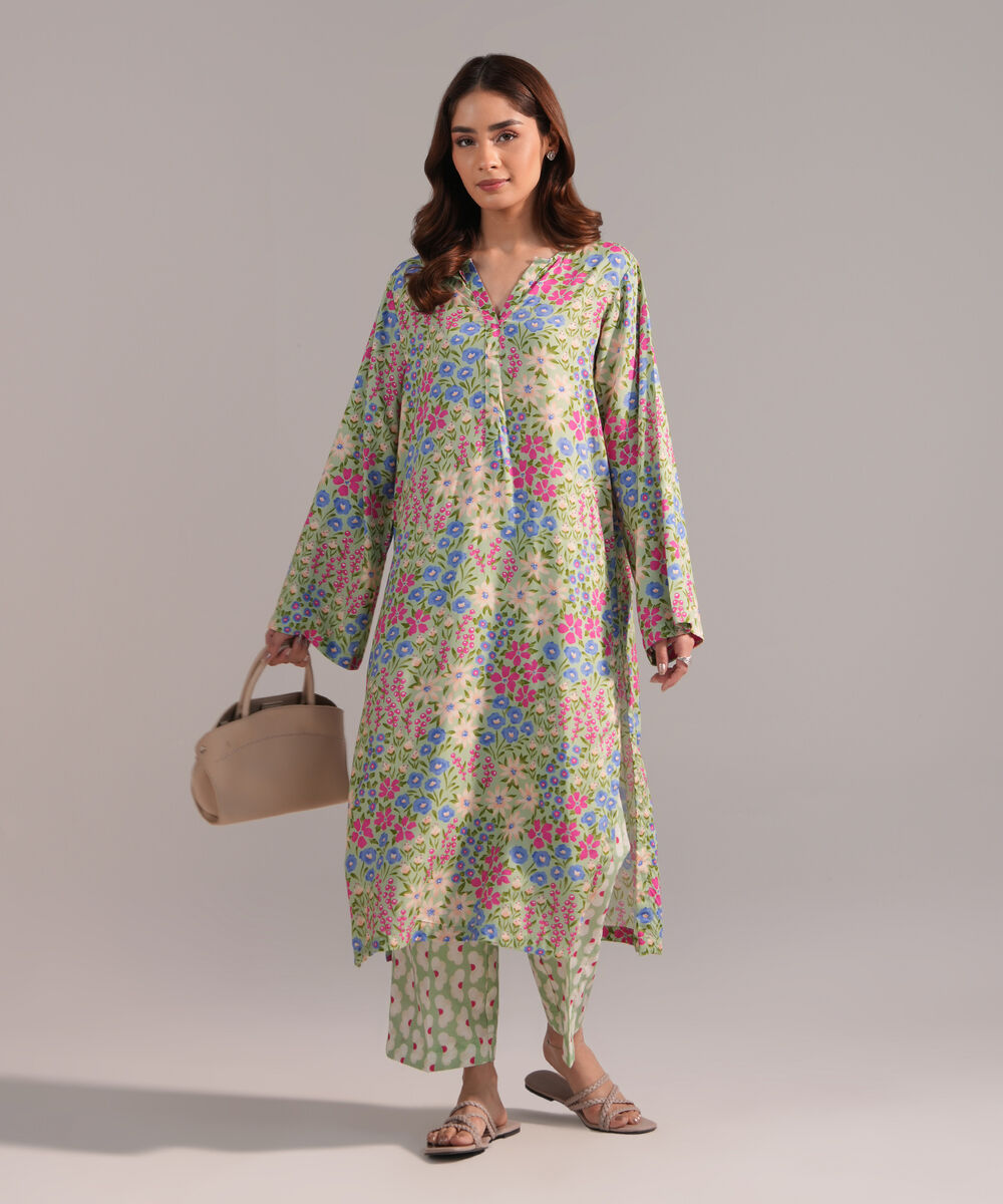 Women's RTW Arabic Lawn Printed Green Straight Shirt