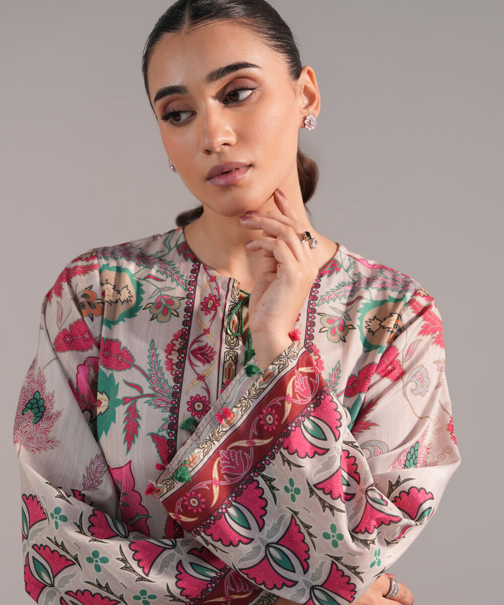 Women's RTW Blended Grip Silk Printed Grey A-Line Shirt