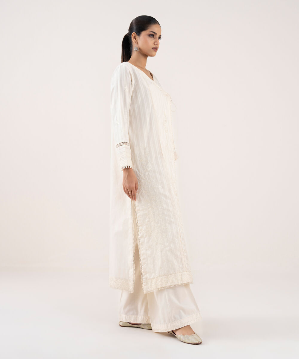 Women's RTW Textured Lawn Off White Embroidered Angrakha