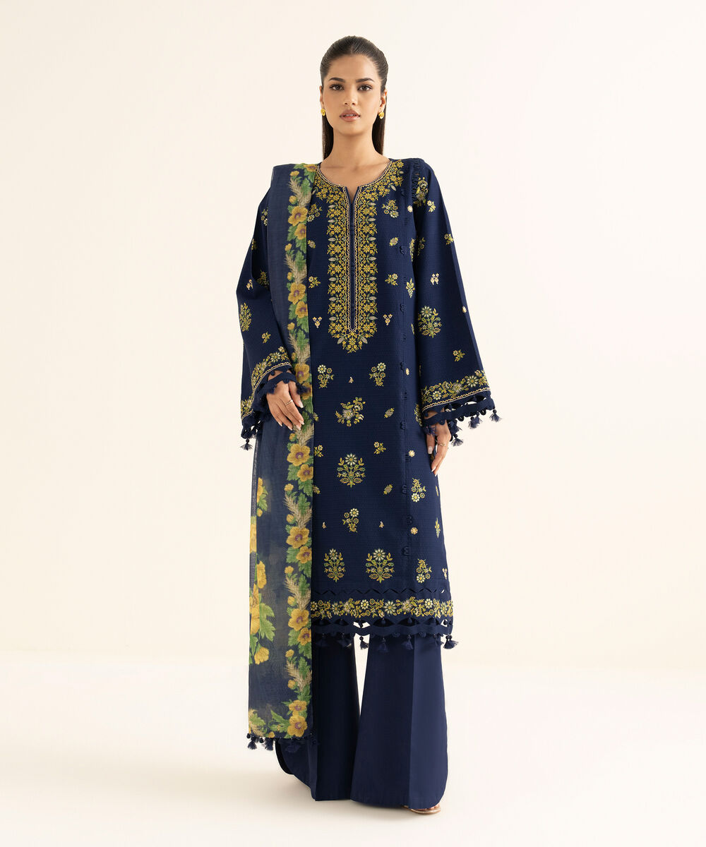 Women's Unstitched Dobby Embroidered Blue 3 Piece Suit