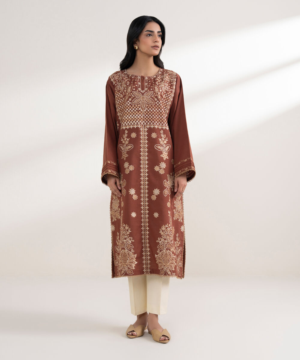 Women's RTW Cotton Embroidered Rust A-Line Shirt