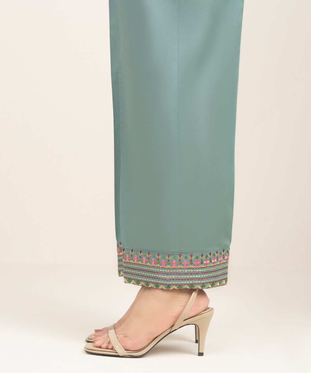 Women's RTW Lawn Embroidered Sage Green Straight Pants