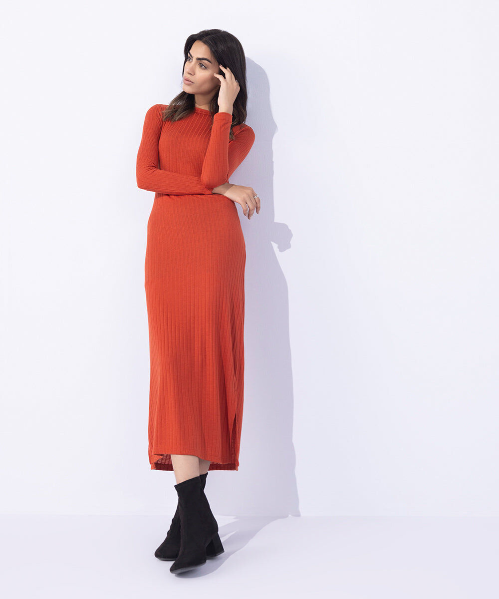 Woman - Orange Jersey Ribbed Dress