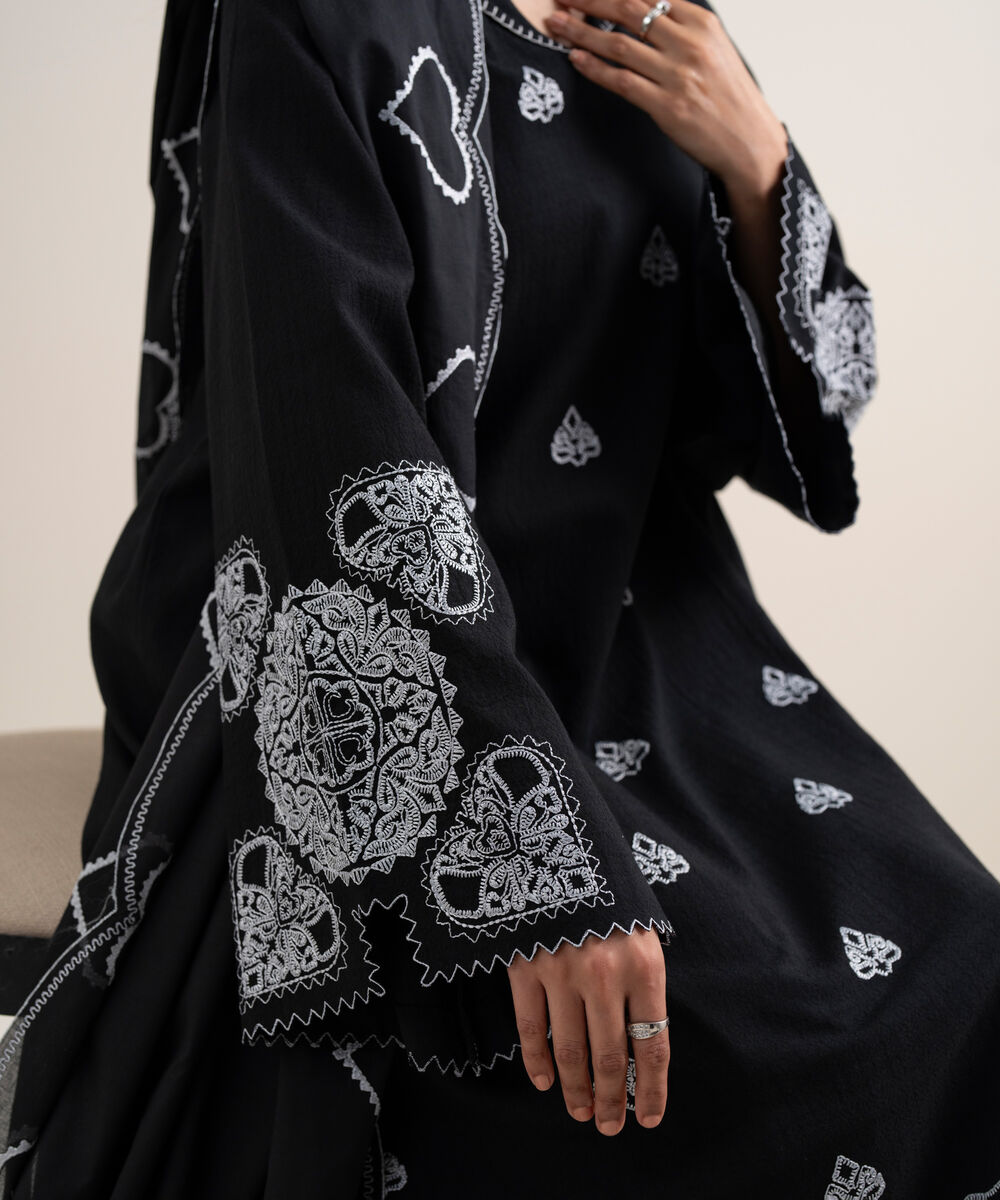 Women's Unstitched Dobby Embroidered Black 3 Piece Suit