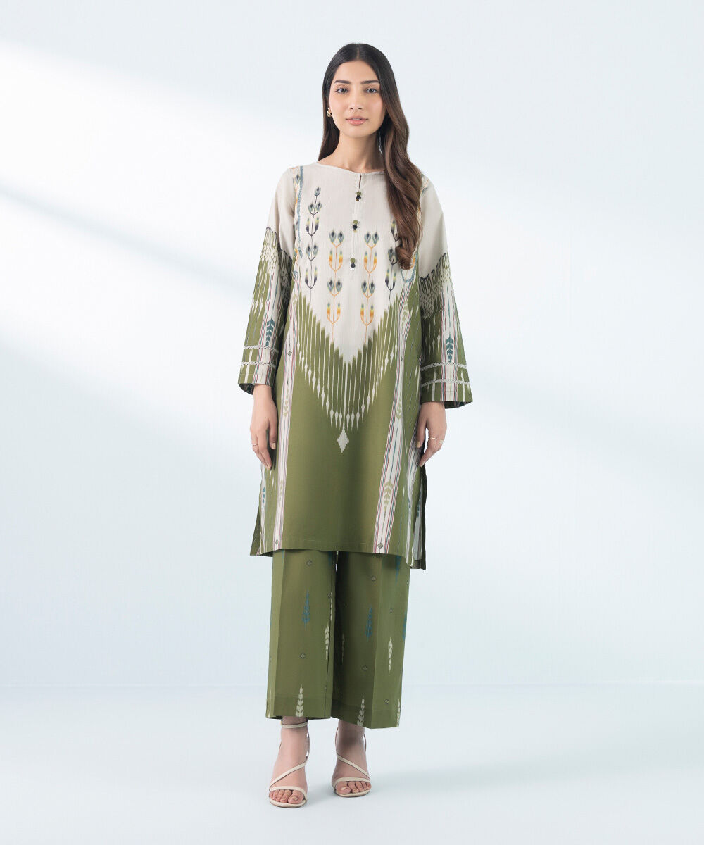 Woman - Green 2 Piece - Printed Cambric Suit