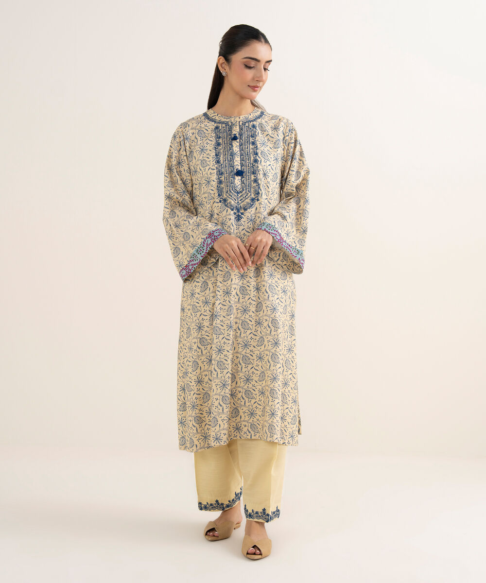 Women's RTW Cotton Embroidered Cream White A-Line Shirt