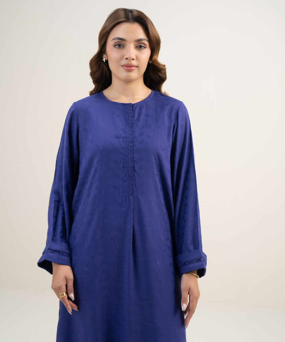 Women's RTW Arabic Self Jacquard Solid Dark Blue Straight Shirt