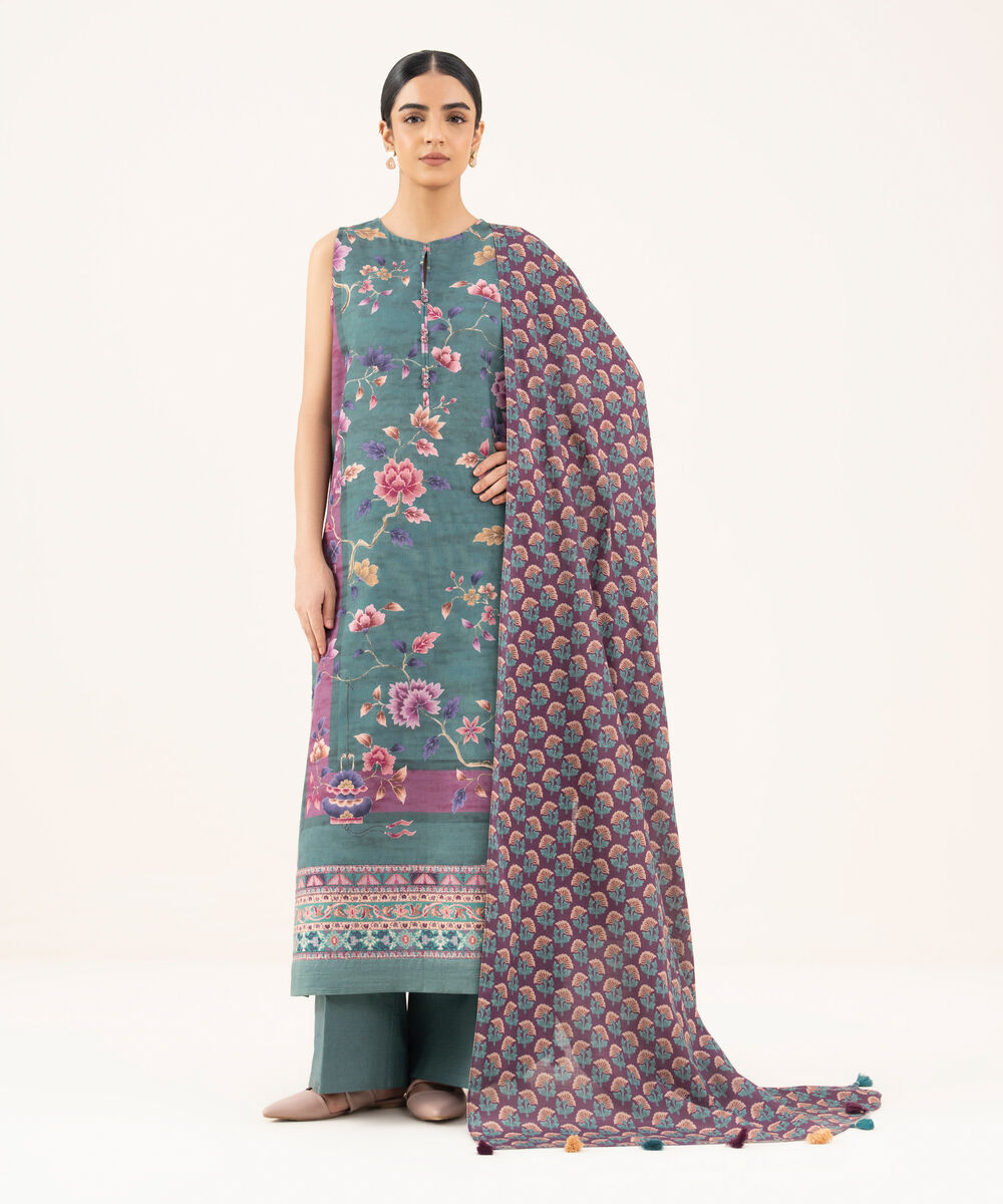 Women's Unstitched Cotton Printed Green 3 Piece Suit