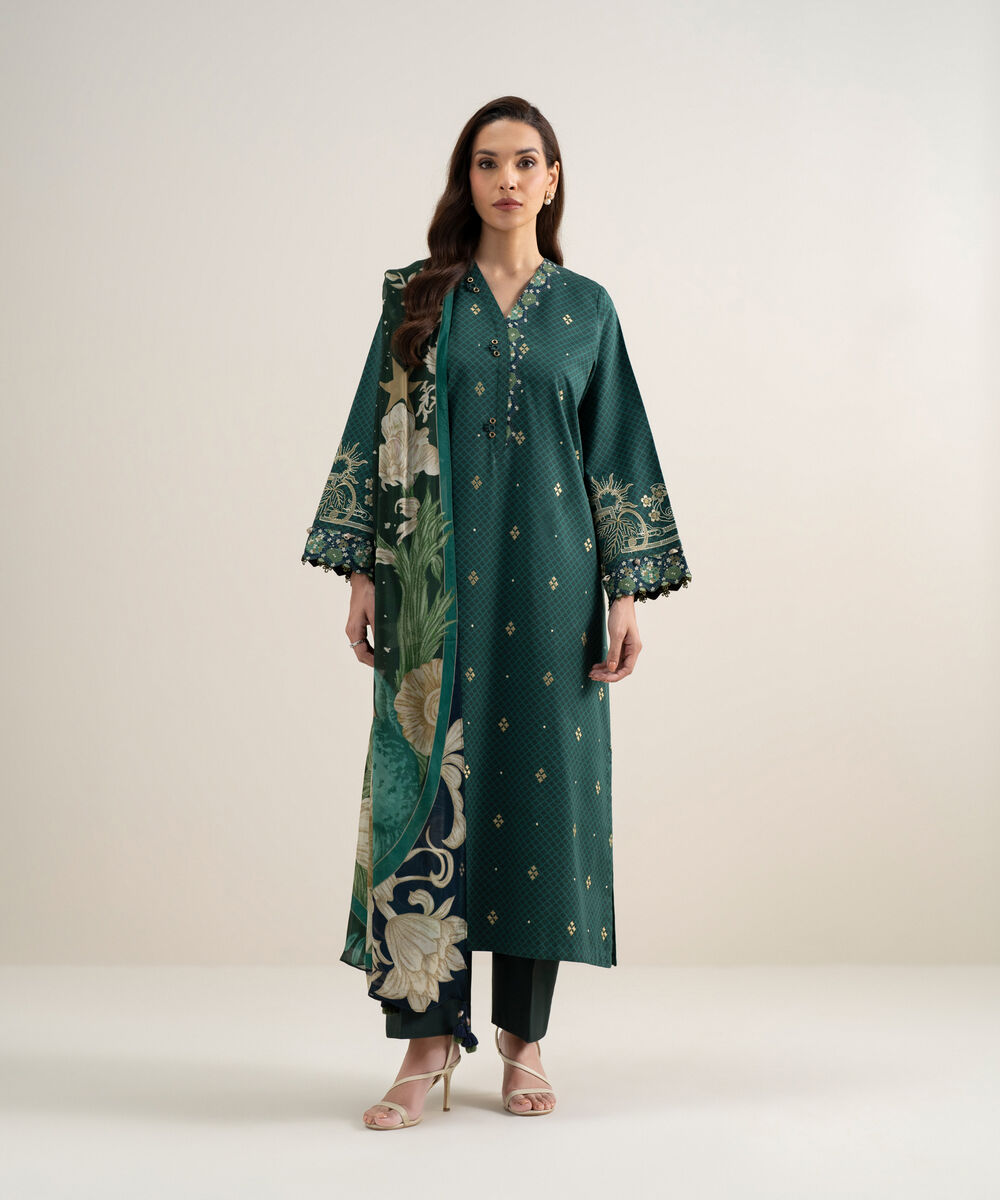 Women's Unstitched Dobby Embroidered Green 3 Piece Suit