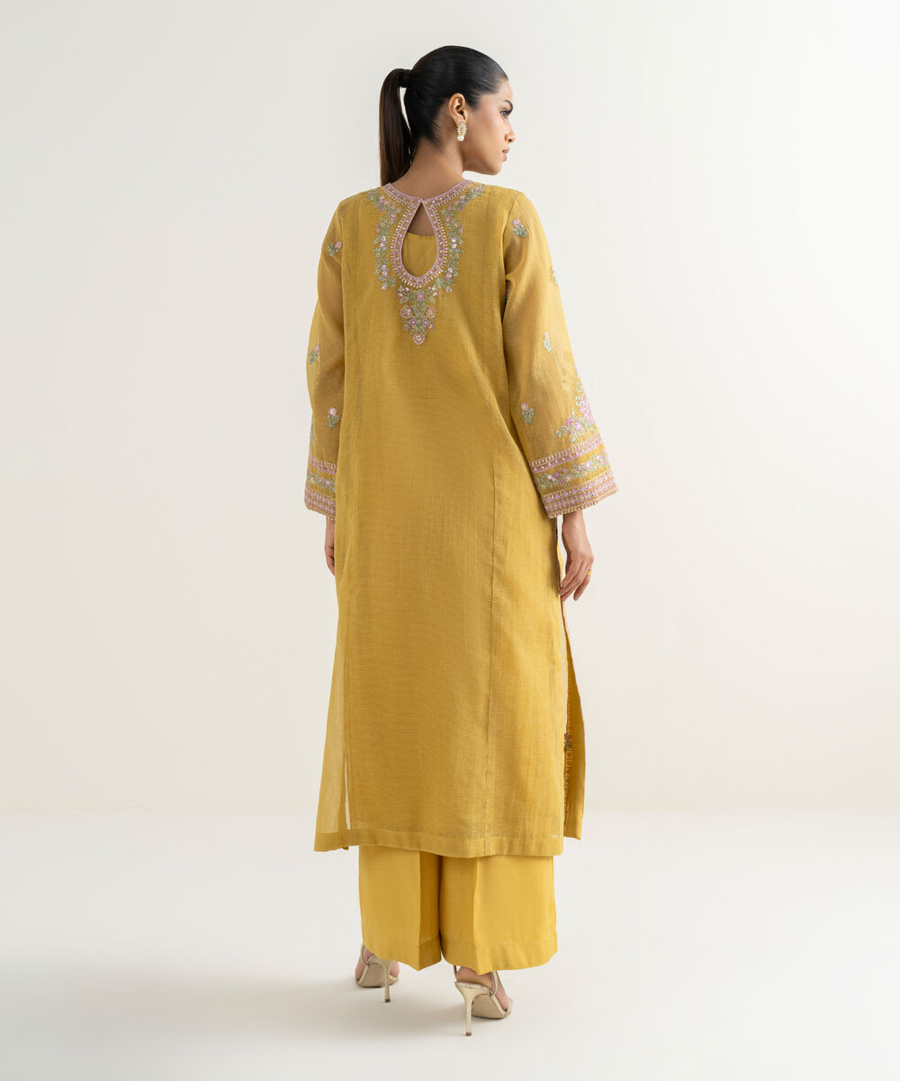 Women's RTW Blended Textured Karandi Embroidered A-Line Yellow Shirt