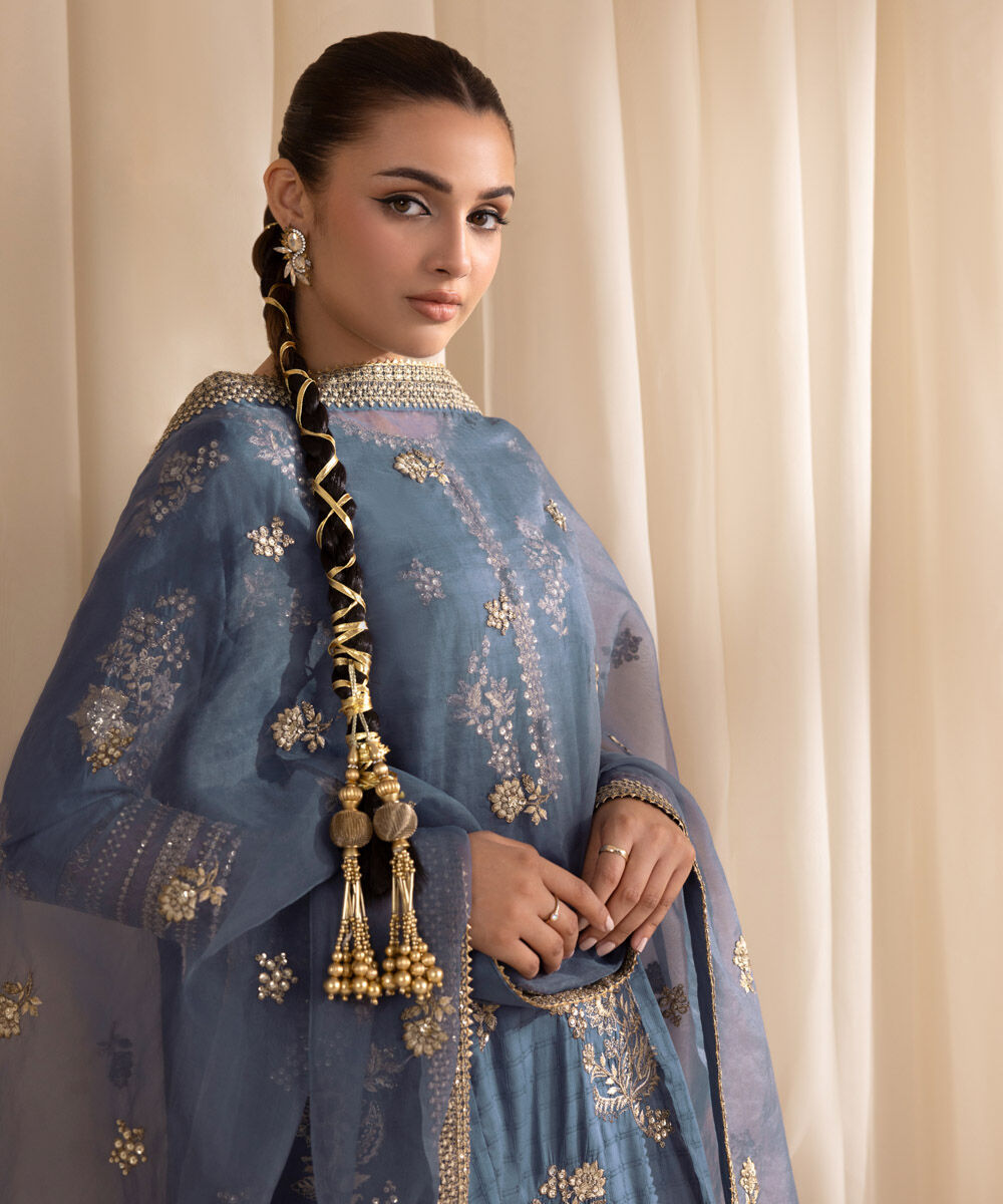 Women's RTW Dobby Blue Embroidered Three Piece Suit