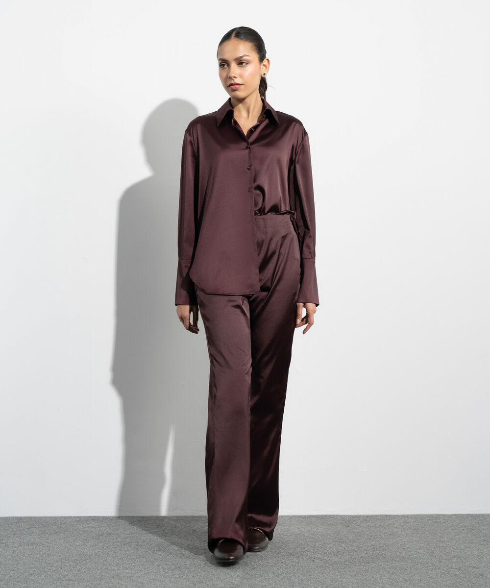 Women's Western Maroon Polka Dot Satin Shirt