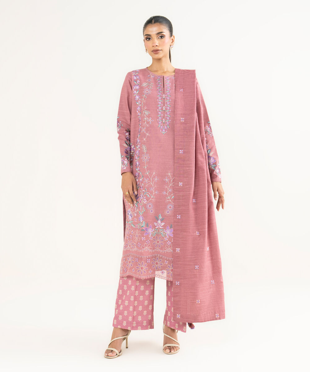 Women's Unstitched Lawn Embroidered Pink 3 Piece Suit