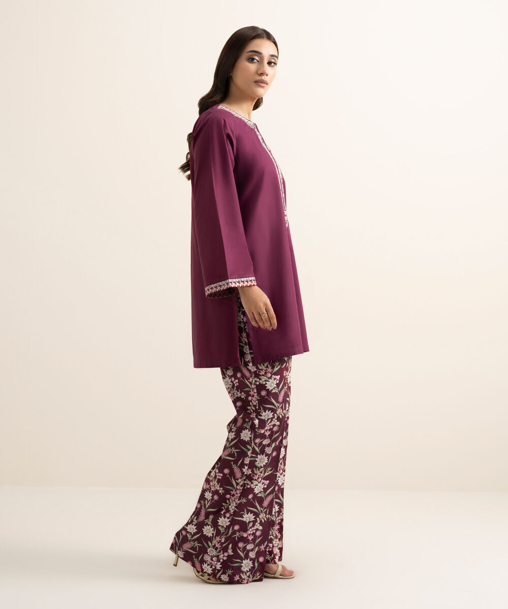 Women's RTW Cambric Embroidered Purple Straight Shirt