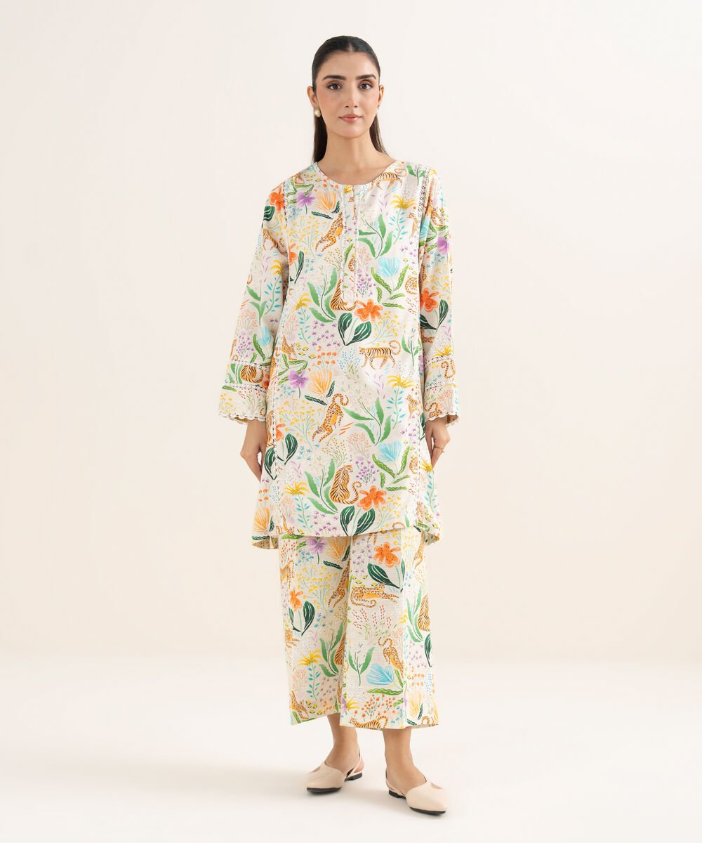 Women's RTW Herringbone Printed Off White Straight Shirt