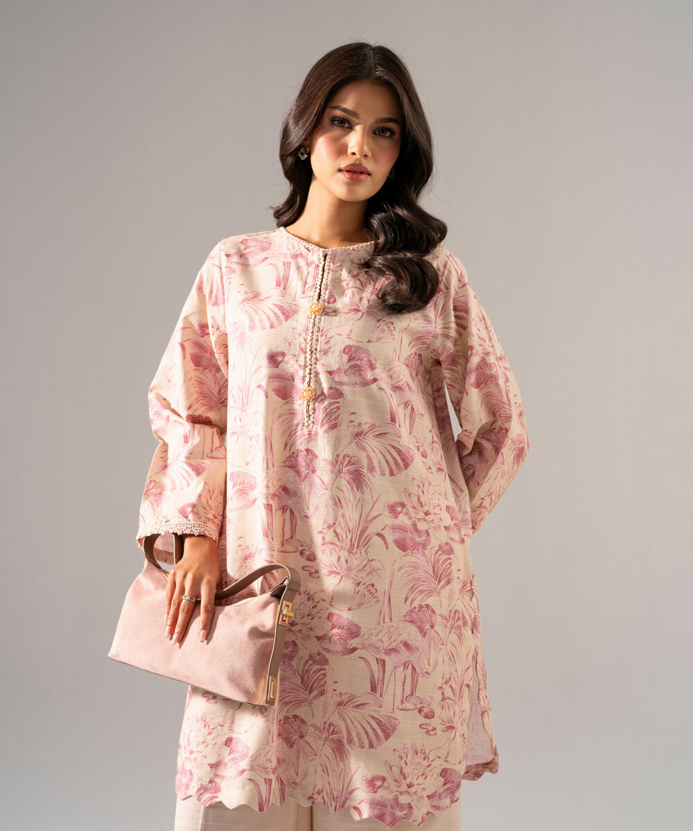Women's RTW Khaddar Printed Beige Straight Shirt