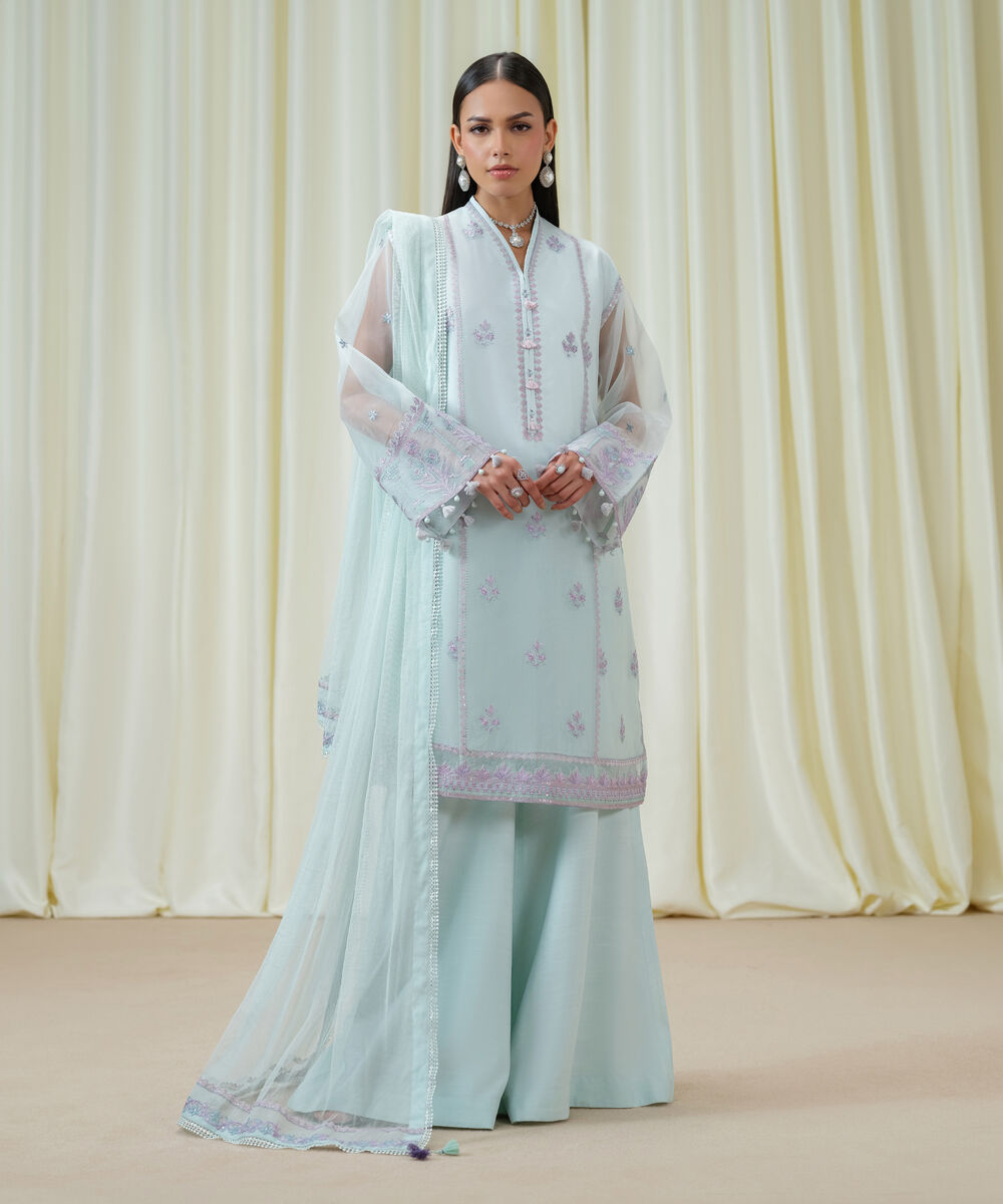 Women's Unstitched Blended Organza Embroidered Blue 3 Piece Suit