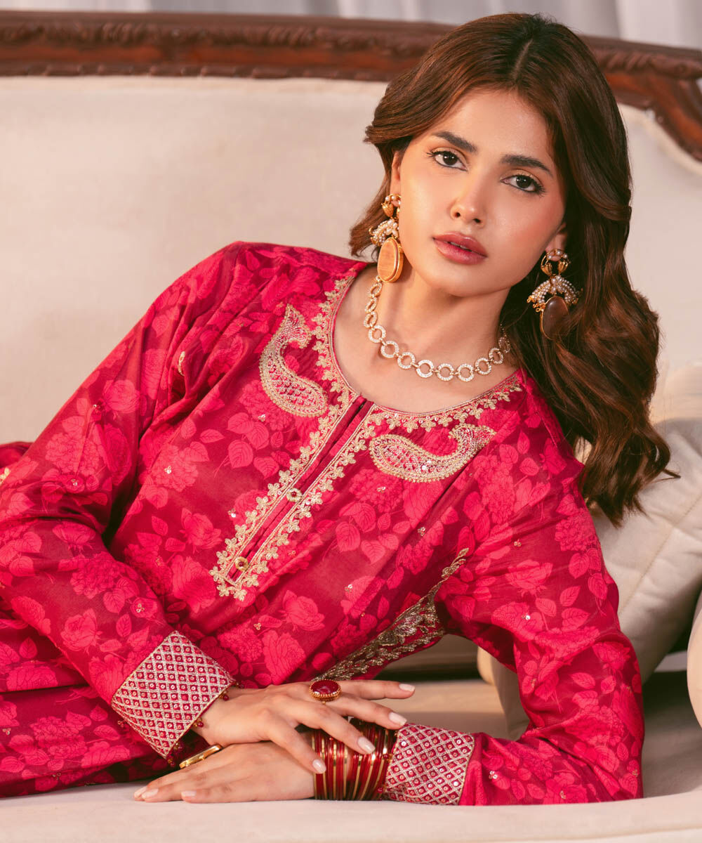 Women's RTW Viscose Raw Silk Pink Embroidered Two Piece Suit