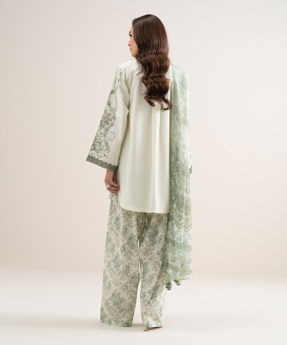 Women's Unstitched Lawn Embroidered Off White 3 Piece Suit