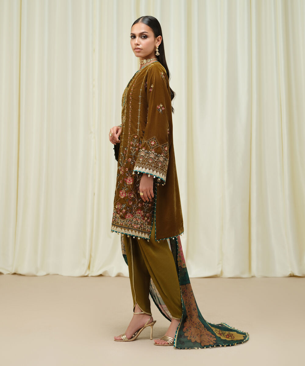 Women's Unstitched Velvet Embroidered Brown 3 Piece Suit