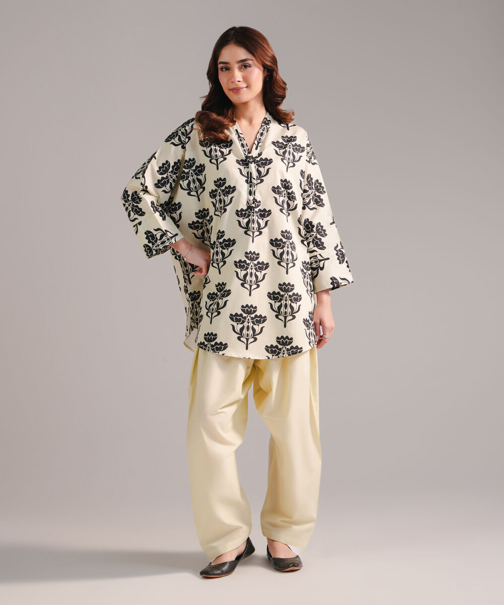 Women's RTW Cambric Printed Off White 2 Piece Suit