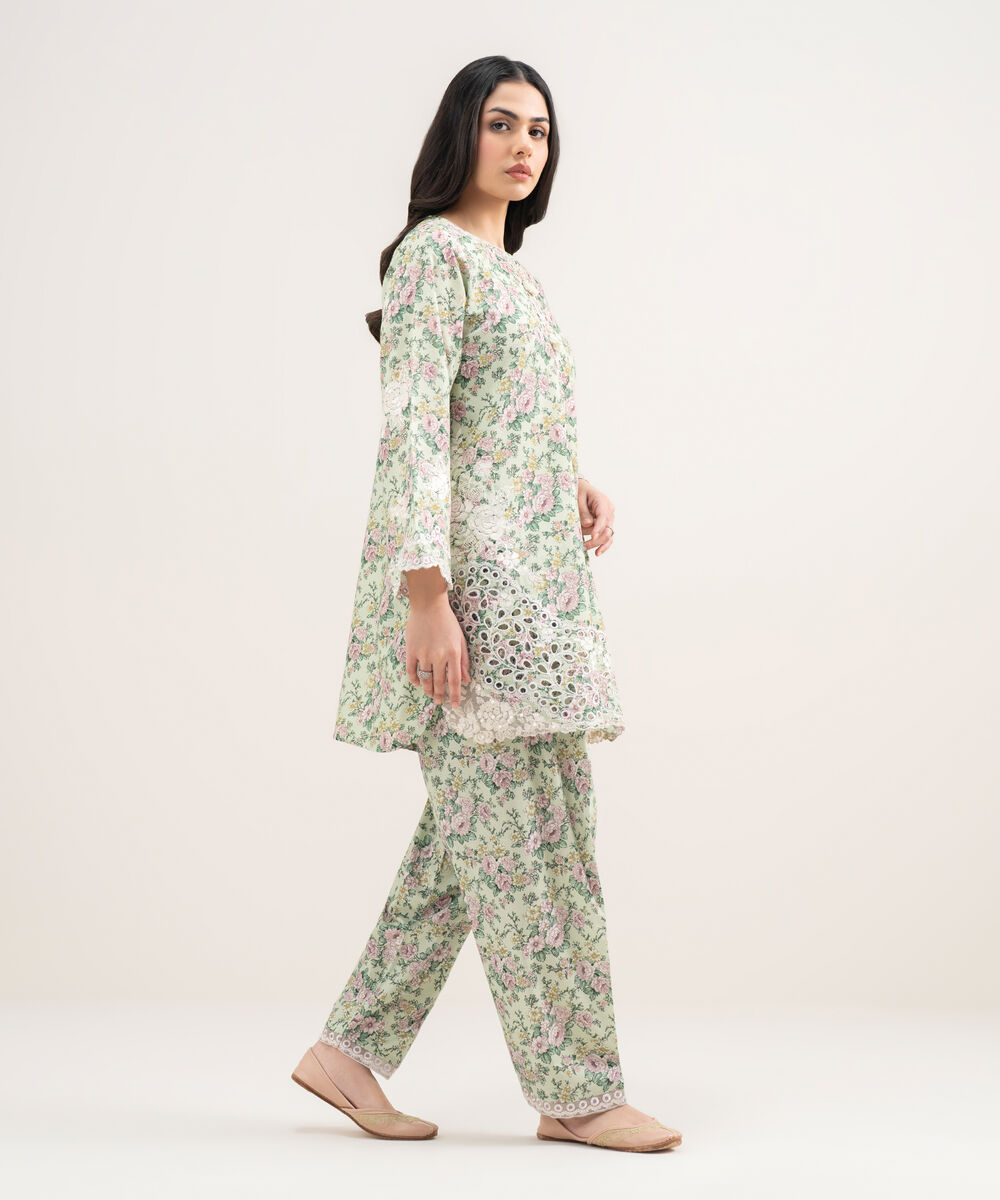 Women's RTW Zari Cotton Embroidered Green Straight Shirt