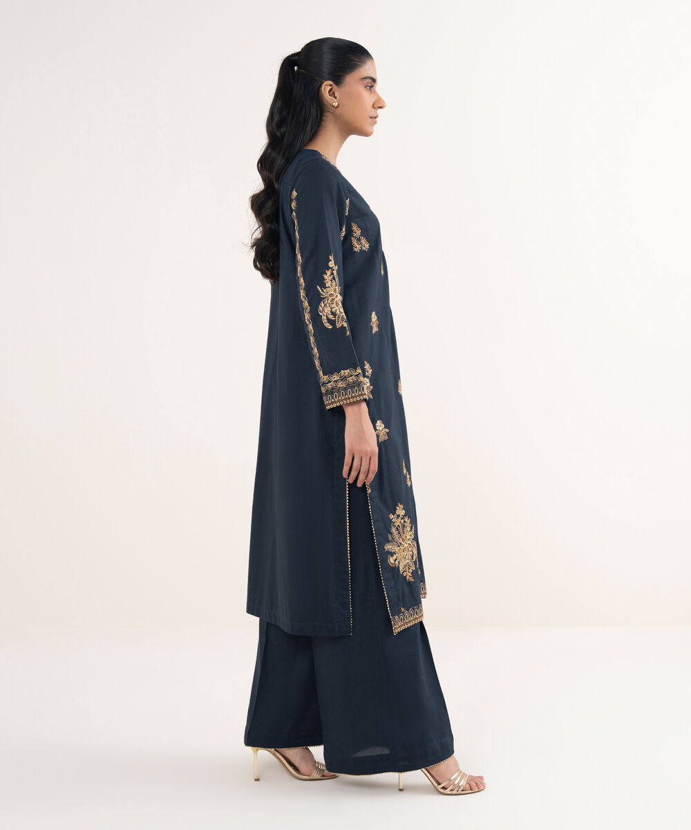 Women's RTW Cotton Viscose Embroidered Blue A-Line Shirt