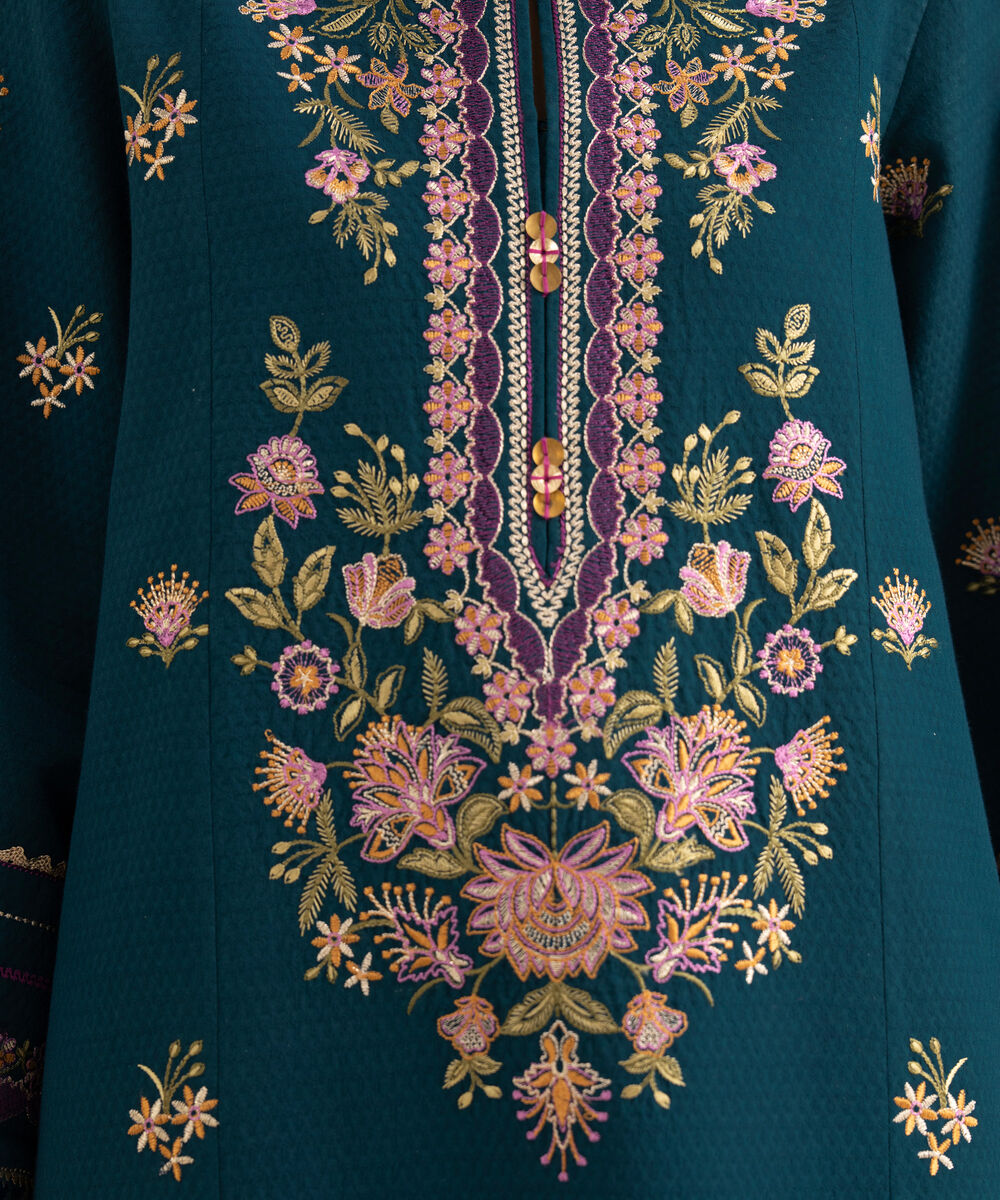 Women's Unstitched Dobby Embroidered Blue 3 Piece Suit