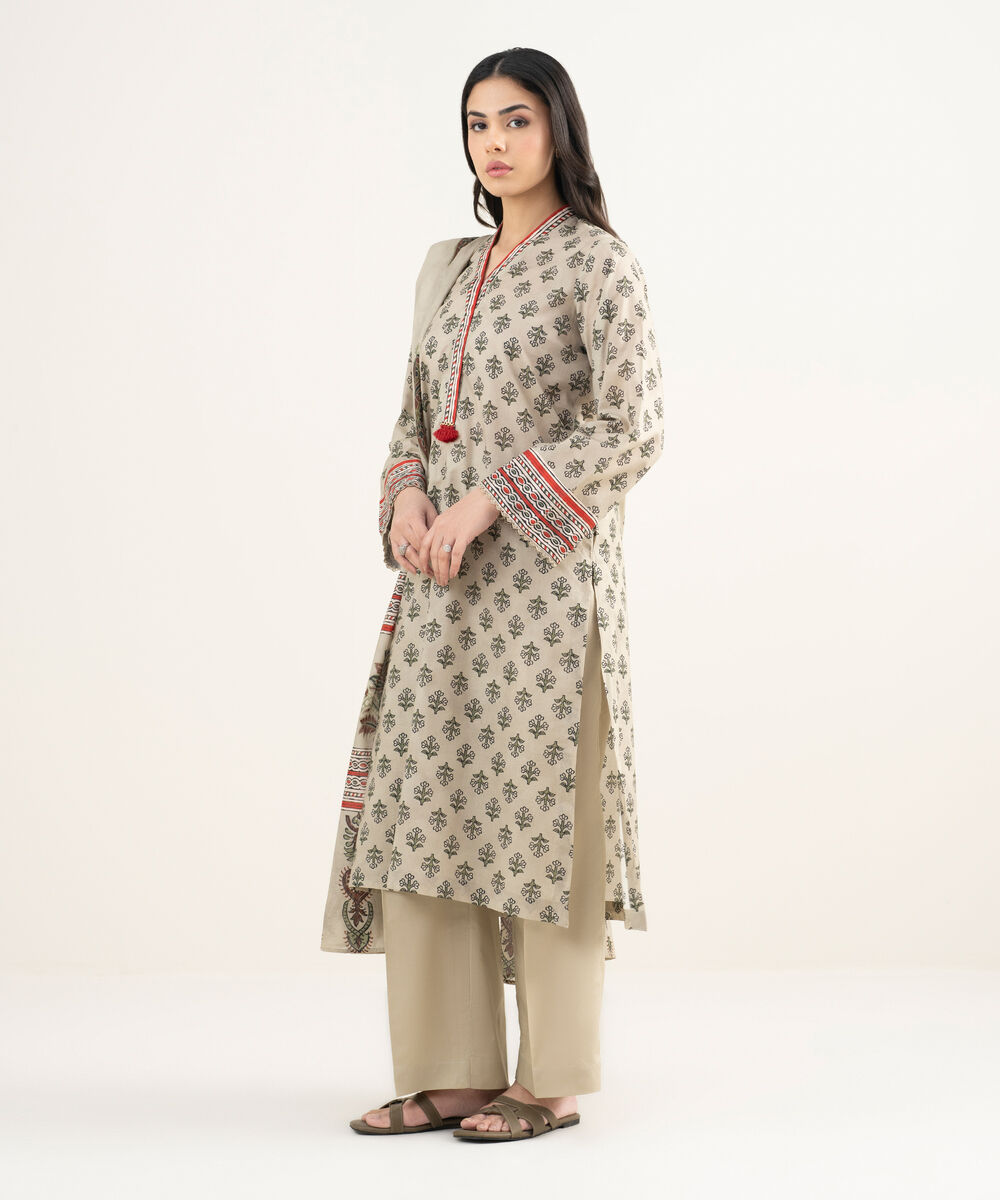 Women's RTW Lawn Printed Beige 3 Piece Suit
