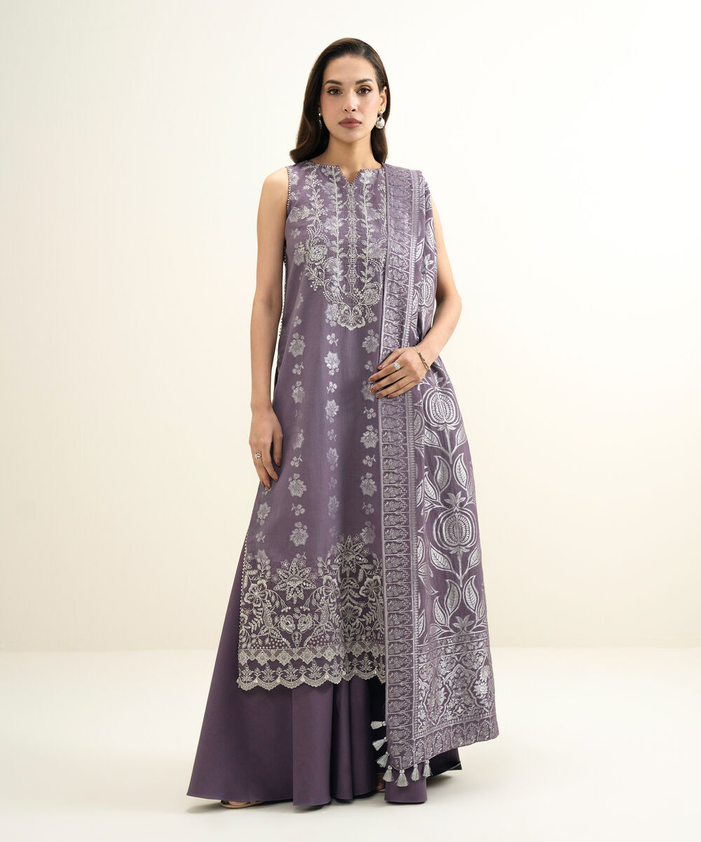 Women's Unstitched Extra Weft Jacquard Embroidered Purple 3 Piece Suit