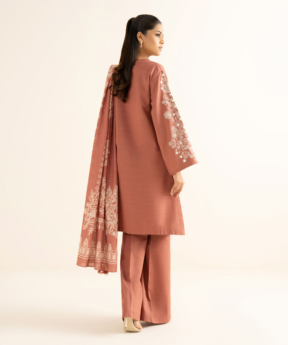 Women's Unstitched Light Khaddar Embroidered Pink 3 Piece Suit