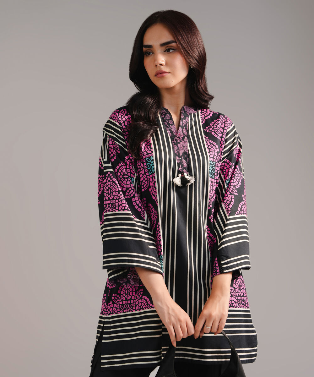 Women's RTW Cambric Printed Black Drop Shoulder Shirt