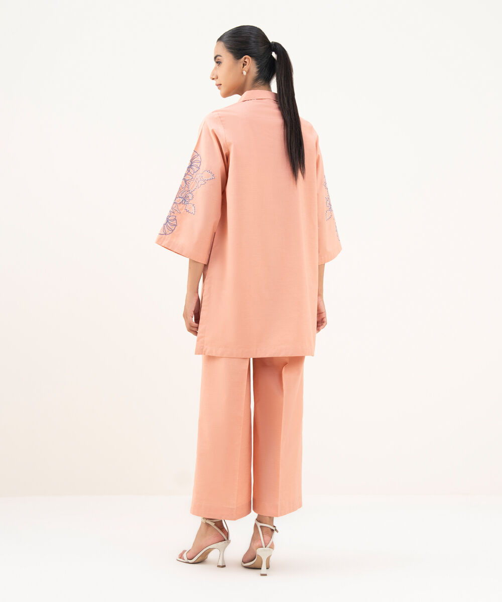 Women's RTW Textured Cotton Pink Embroidered Boxy Shirt