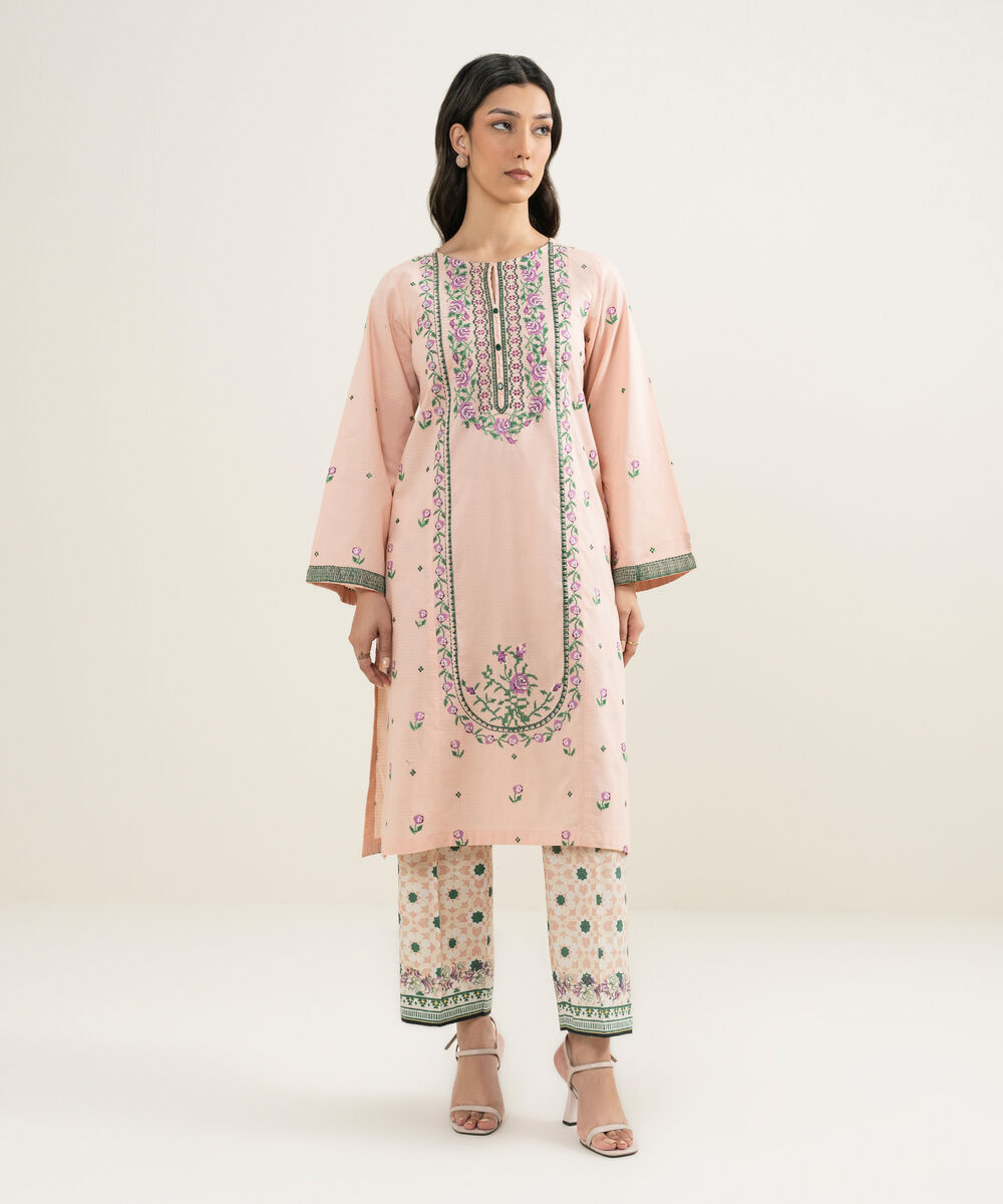 Women's RTW Dobby Embroidered Pink Straight Shirt