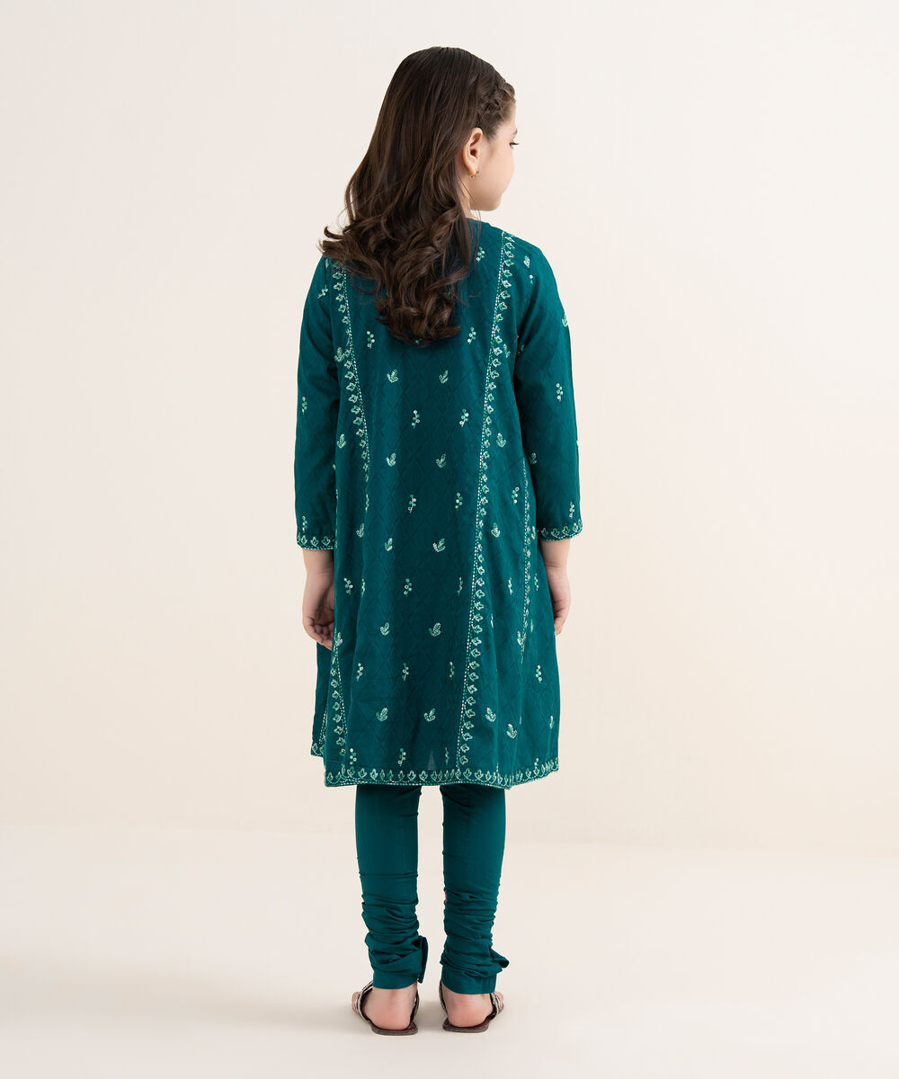 Girl's Cotton Jacquard Embroidered Teal 2 Piece Set