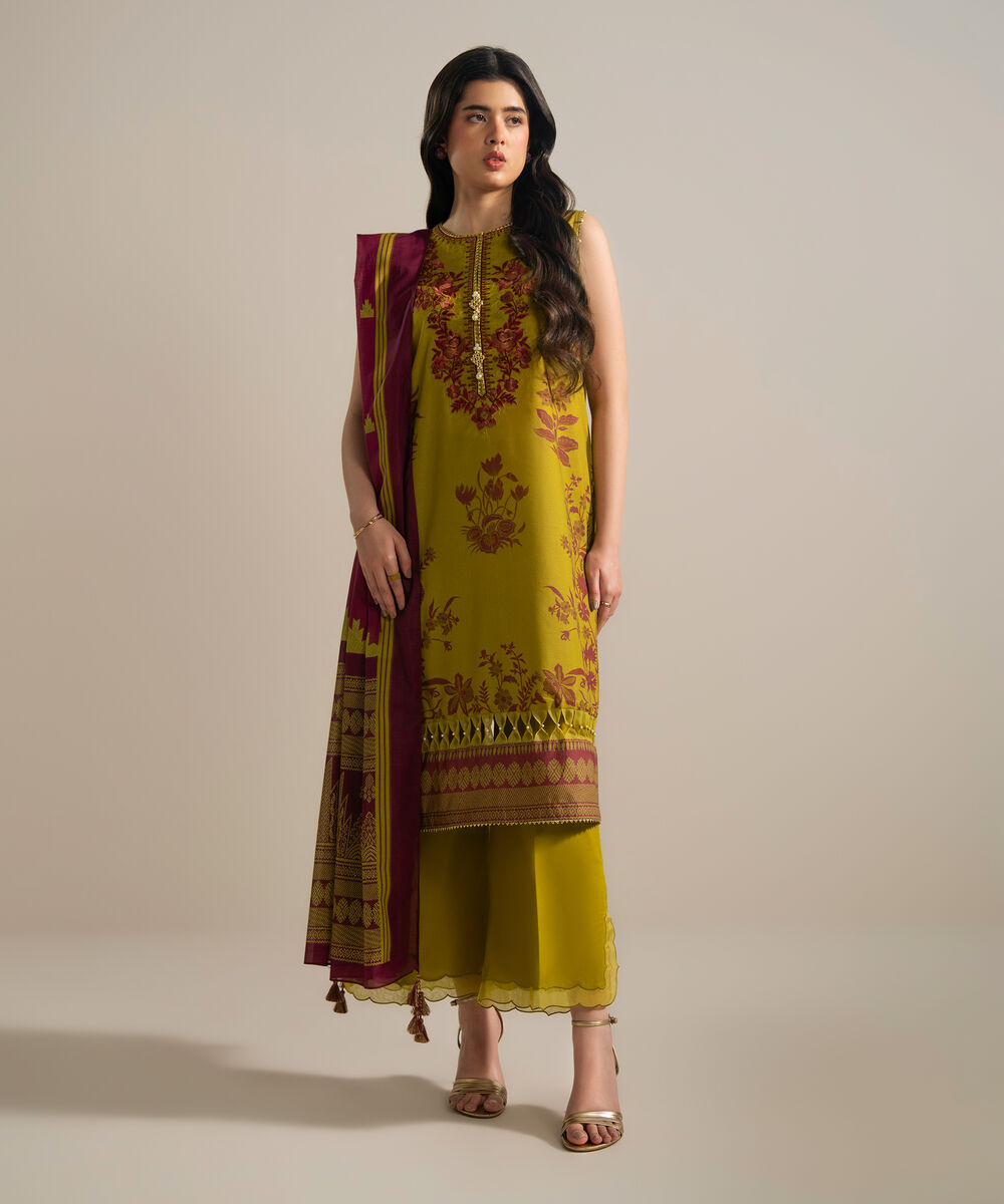 Women's RTW Zari Lawn Embroidered Green 3 Piece Suit