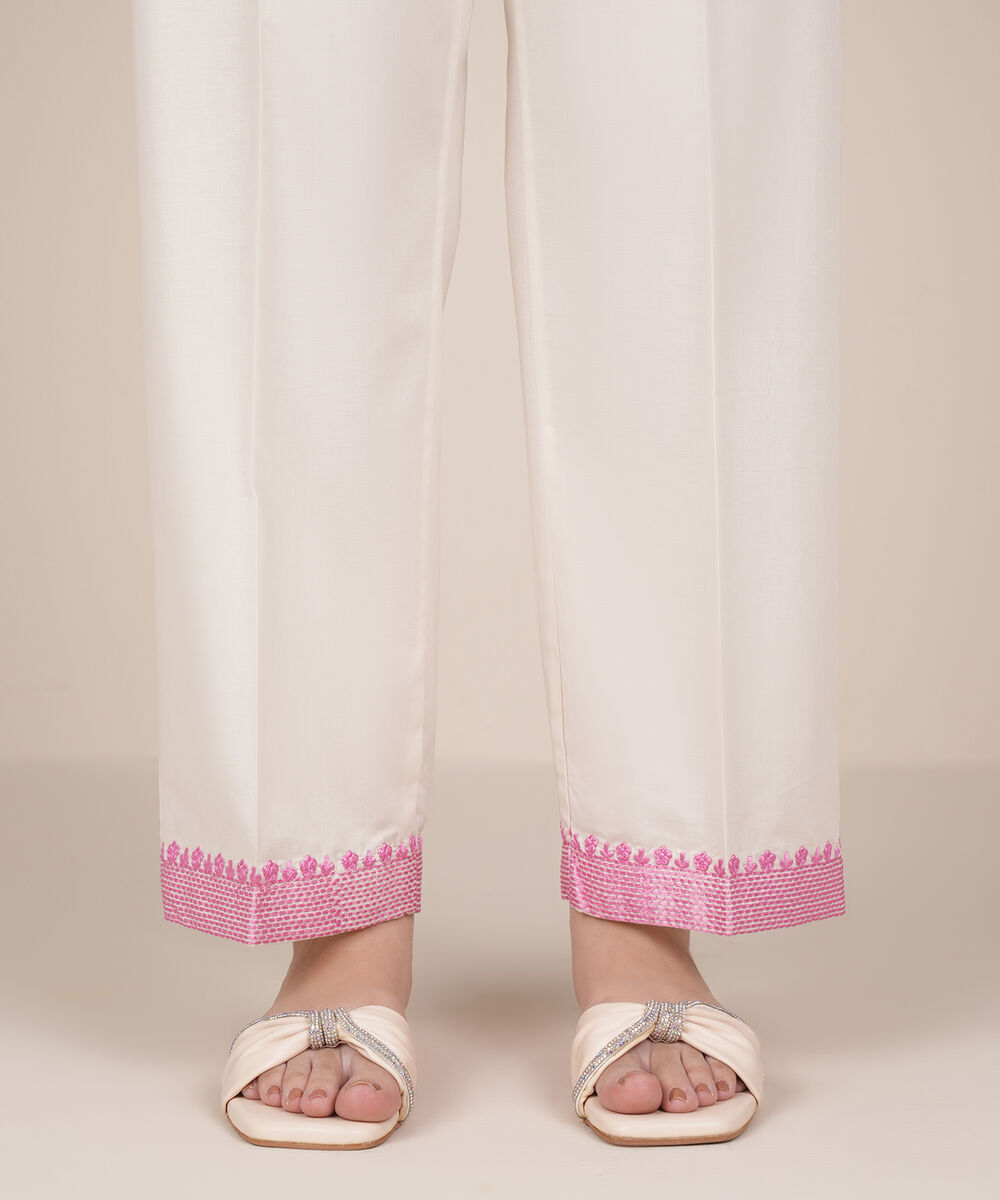 Women's RTW Cambric Beige Embroidered Straight Pants