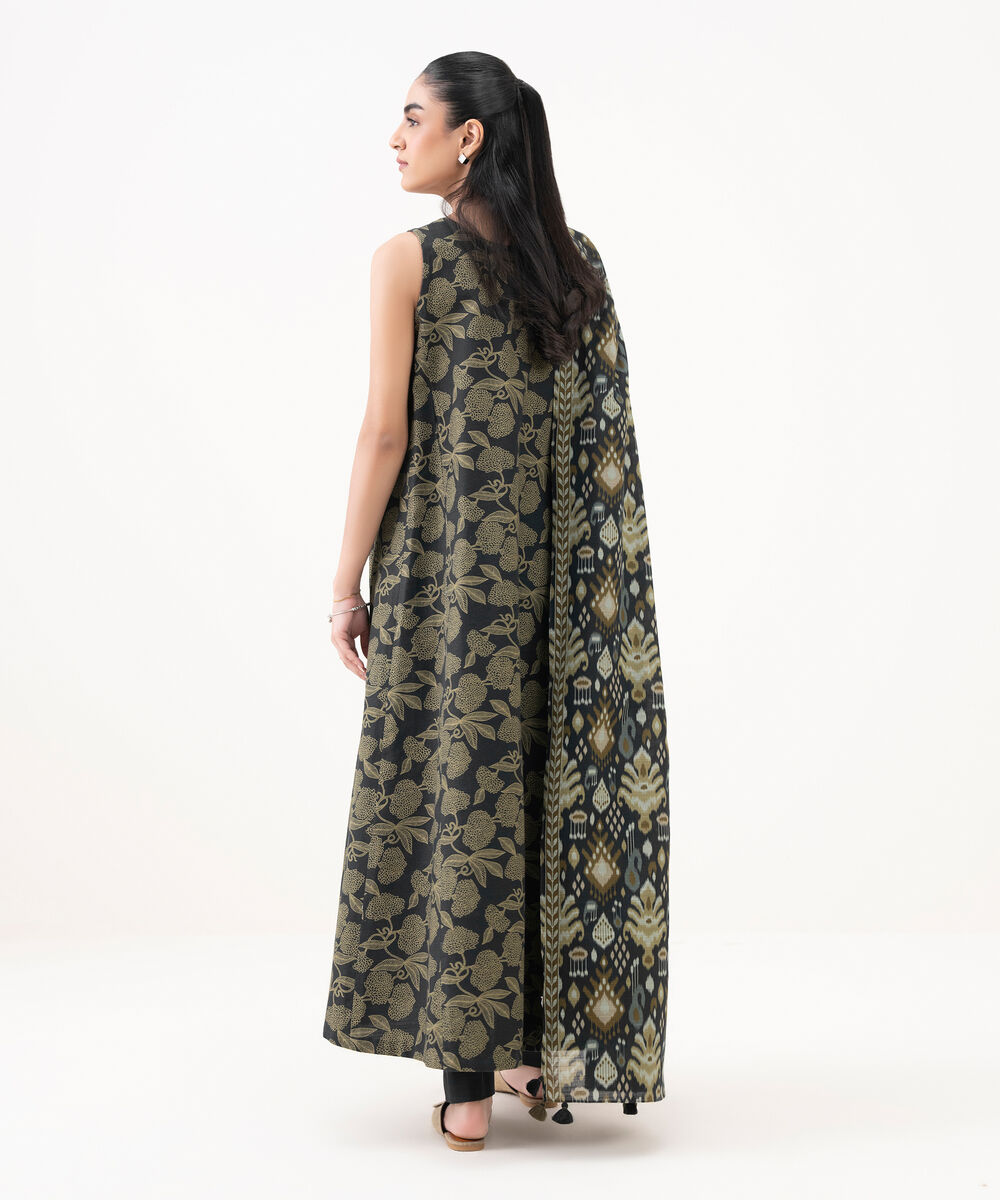 Women's Unstitched Cotton Printed Black 3 Piece Suit