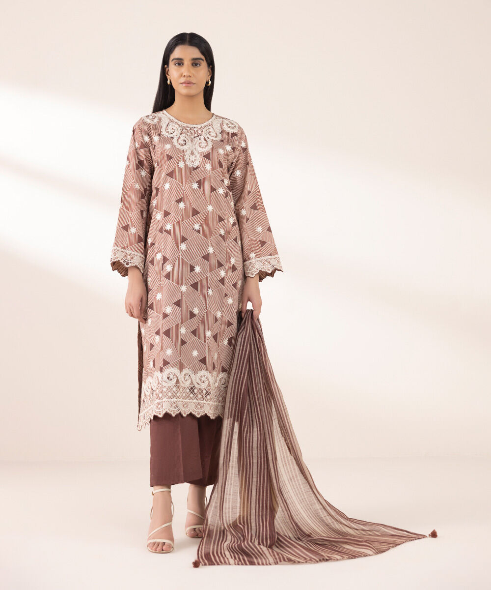 Women's RTW Lawn Brown Embroidered Boxy Shirt