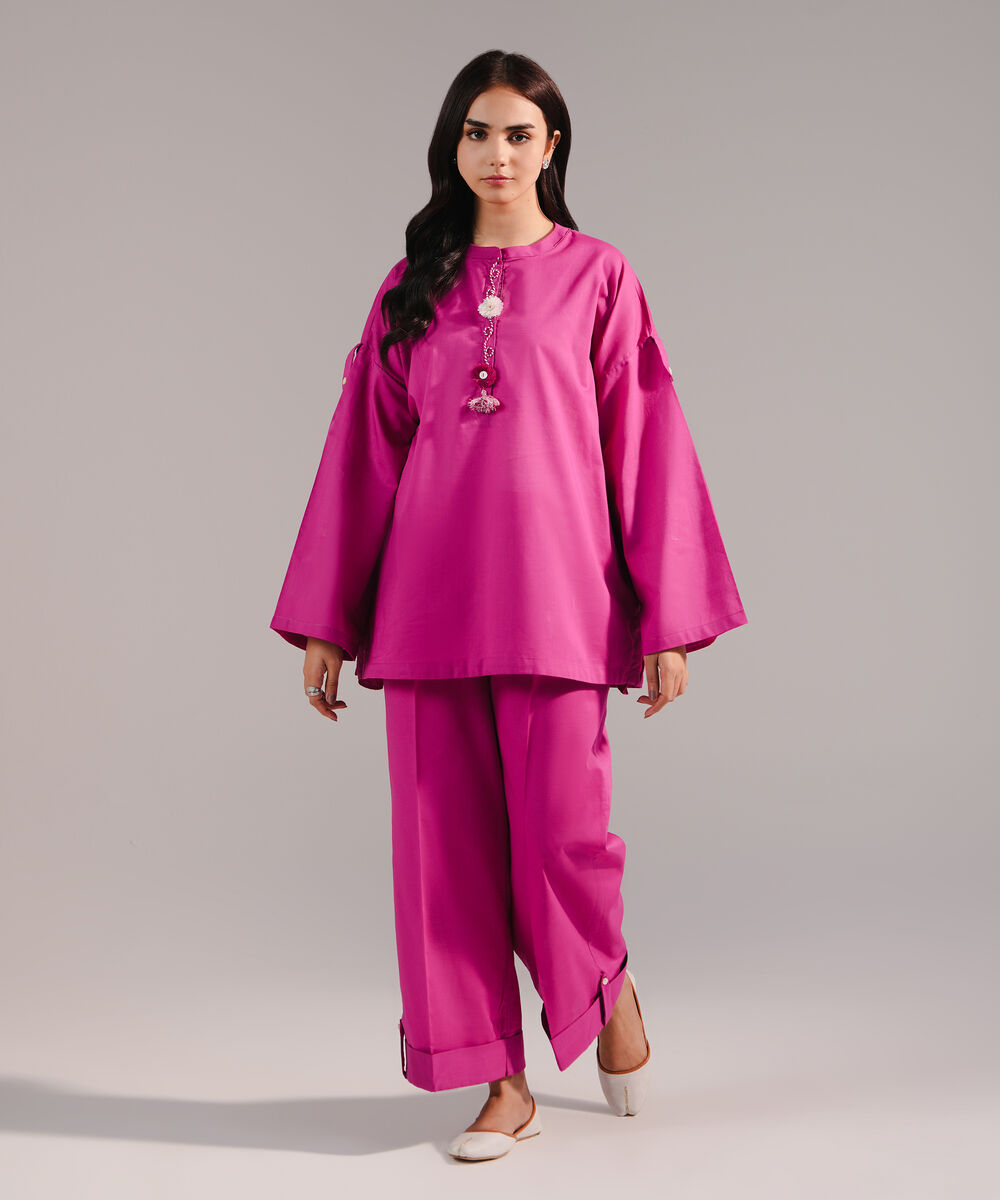 Women's RTW Crosshatch Solid Pink Drop Shoulder Shirt