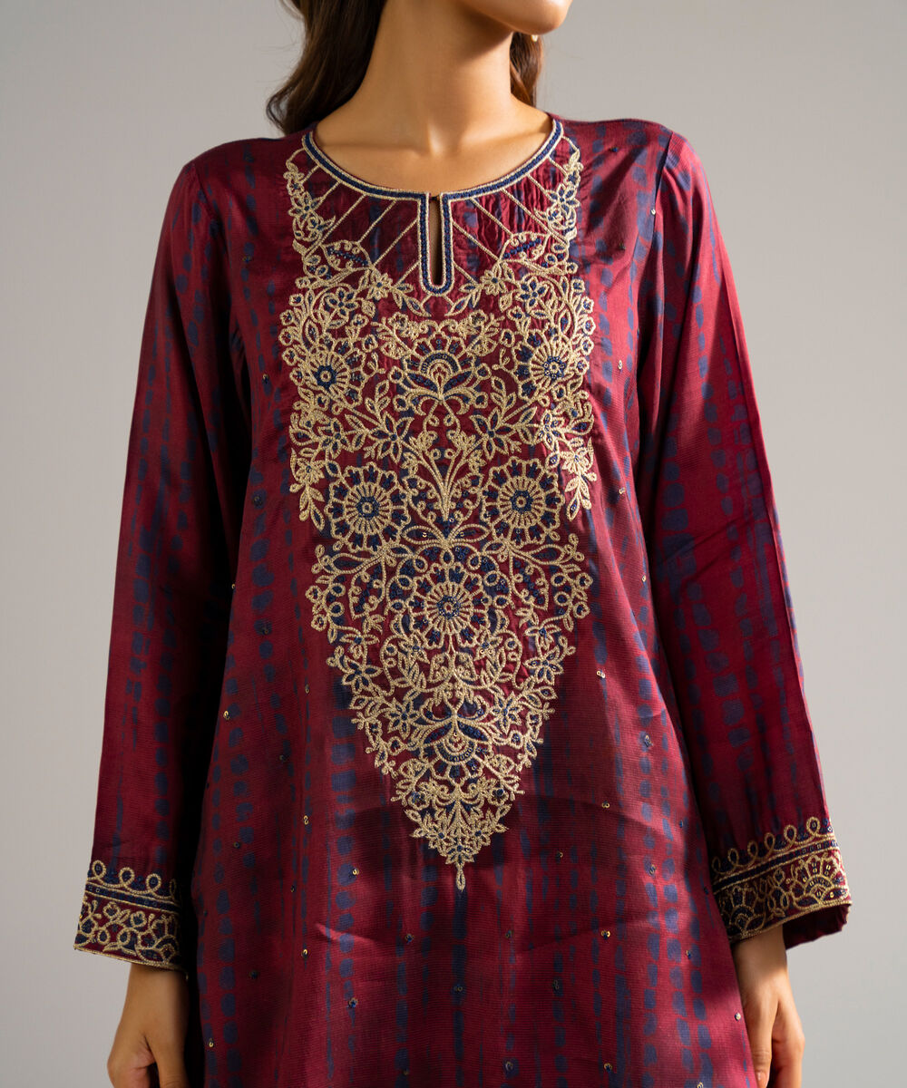 Women's RTW Bright Raw Silk Embroidered Maroon 3 Piece Suit