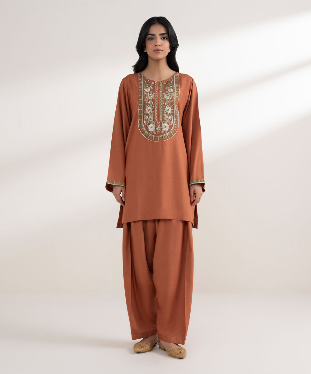 Women's RTW Arabic Khaddar Embroidered Rust Straight Shirt