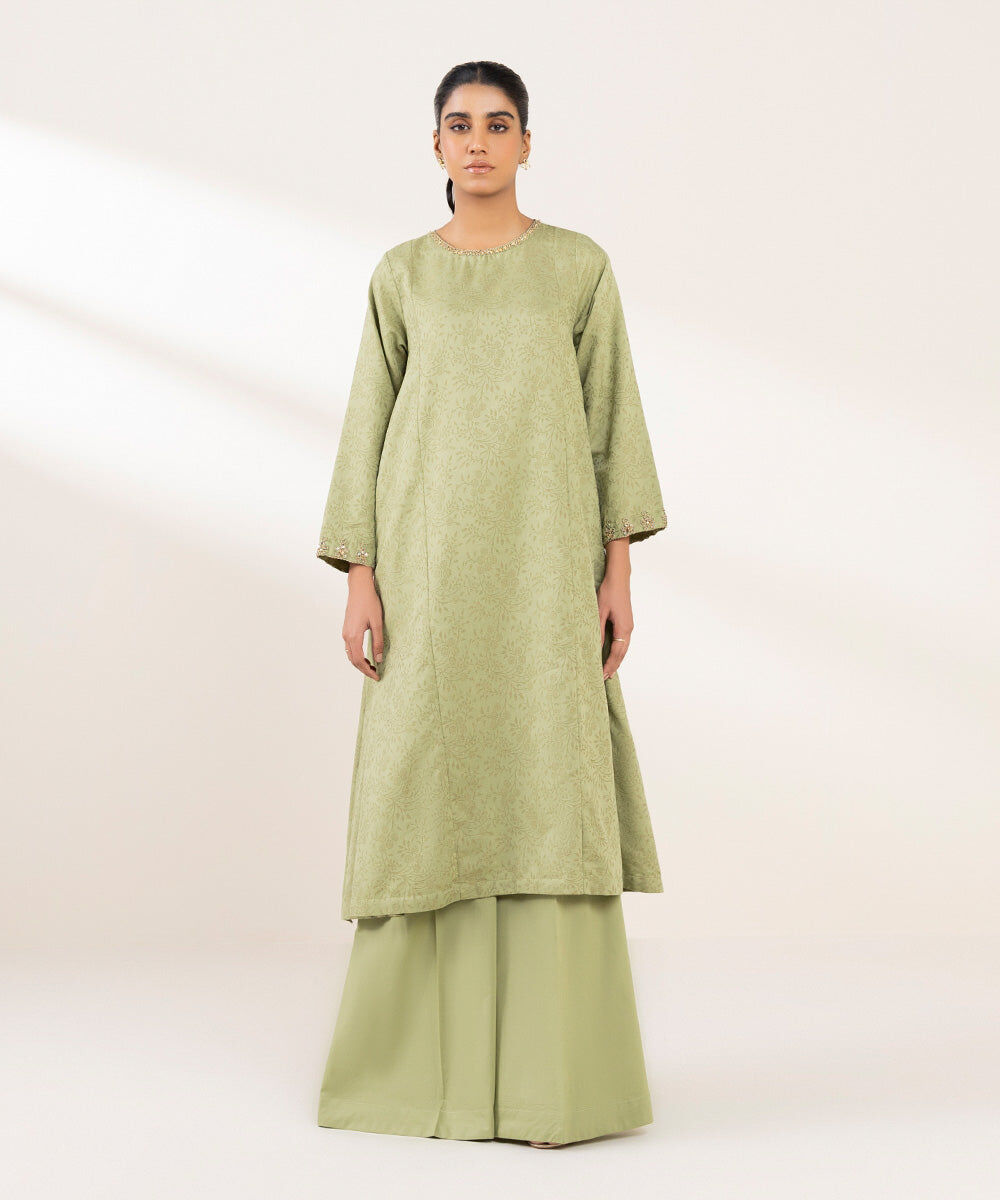 Woman - Green Embroidered Cotton Jacquard Shirt