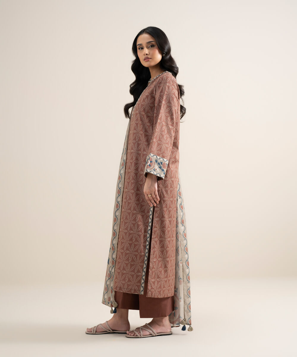Women's Unstitched Lawn Printed Brown 3 Piece Suit