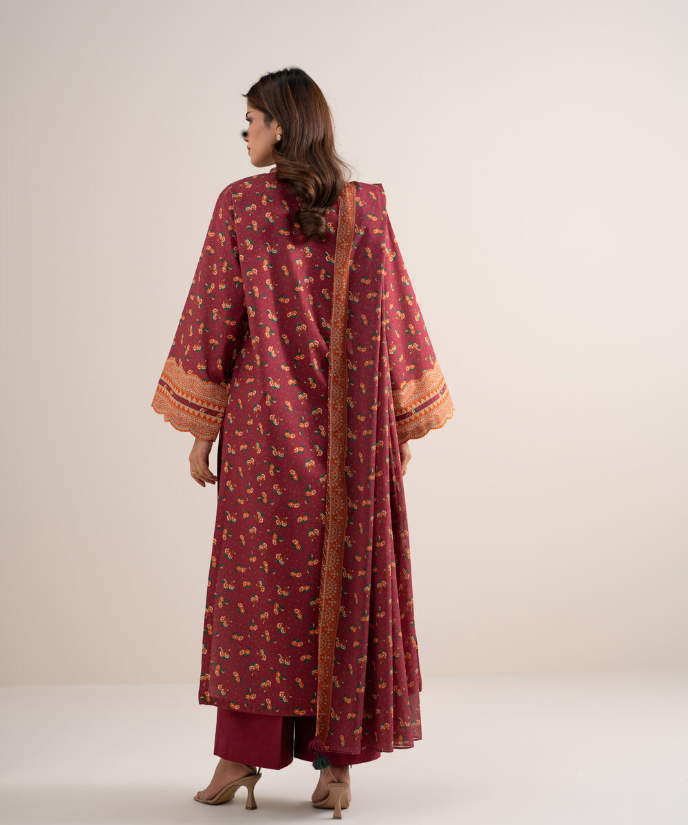 Women's Unstitched Lawn Printed Red 3 Piece Suit
