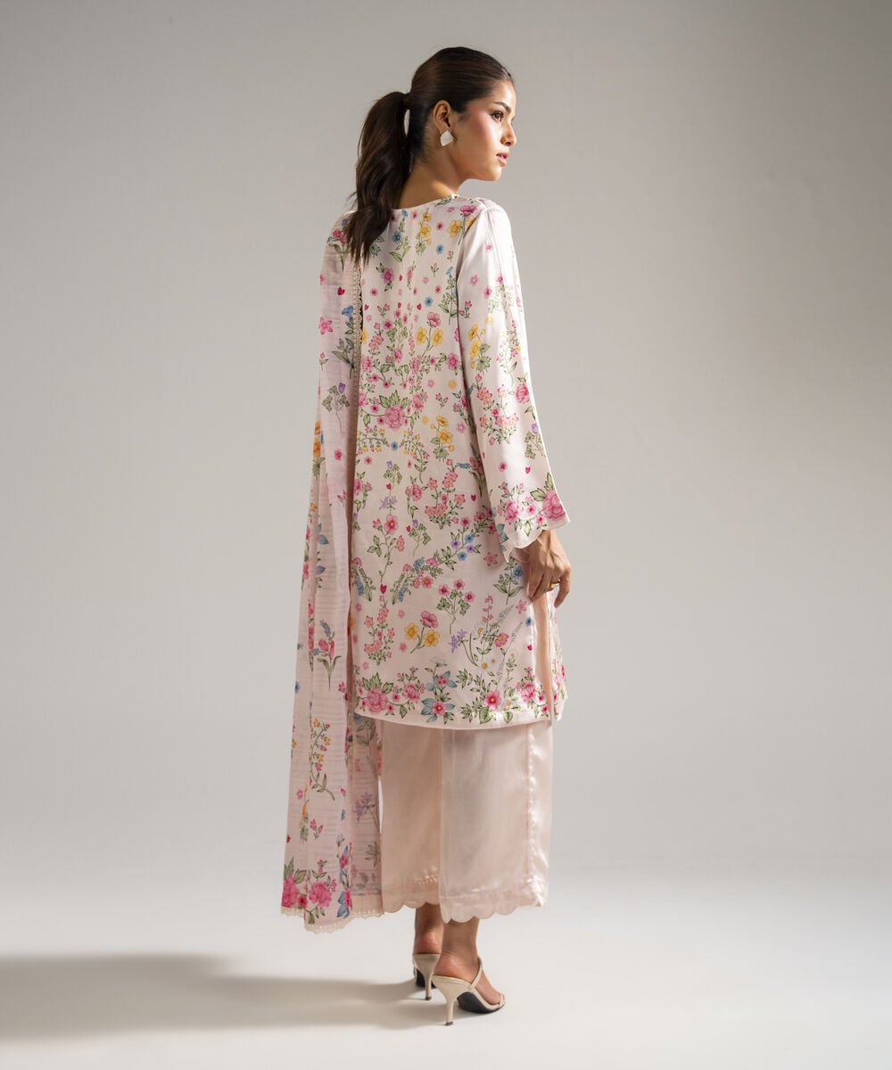 Women's RTW Blended Satin Printed Pink 3 Piece Suit