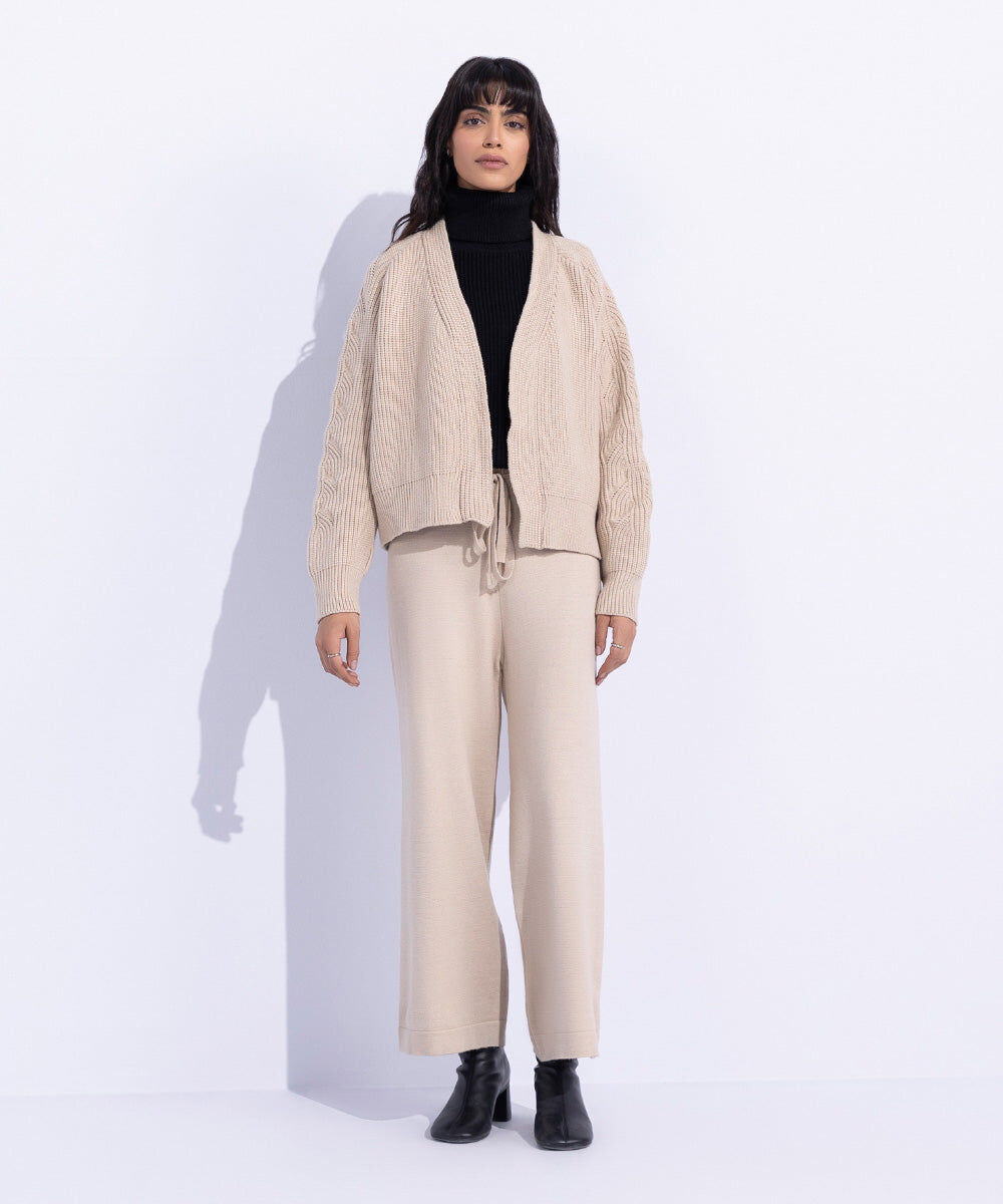 Women's Western Wear Beige Chunky Knitted Cardigan