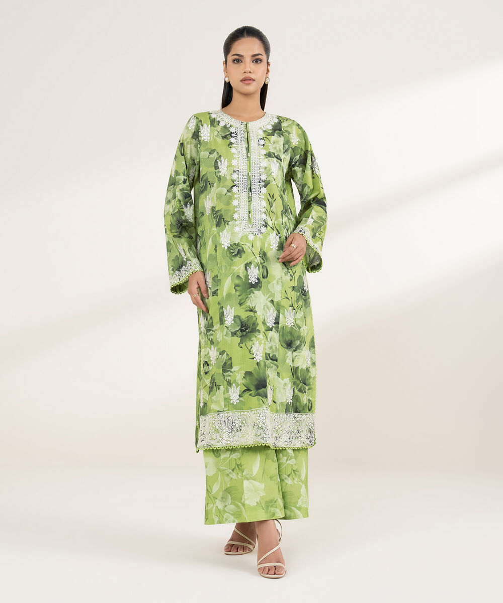 Women's RTW Lawn Green Embroidered A-Line Shirt